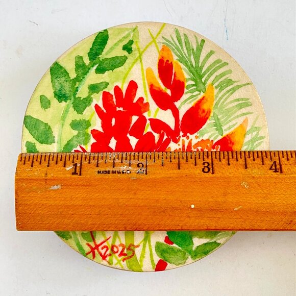 Tropical Delight Original Watercolor Painting on Wood Round 4in Desk or Wall Art - Picture 4 of 5